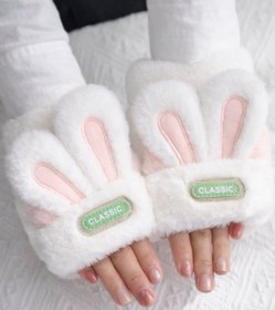 Resim Kadın Peluş Tavşan Kulaklı Parmaksız Eldiven - Kışlık Sıcak Tutucu Yumuşak Polar Eldiven - Pembe / S/M 
