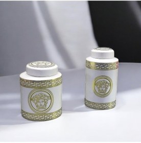 Resim Medusa Desenli Yeşil Ve Altın Silindir Vazo - Beyaz Beyaz 