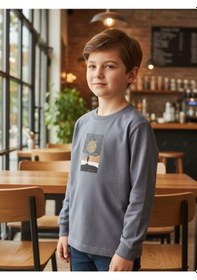 Resim Zekids Erkek Çocuk Pamuklu Manzara Baskılı İnce Uzun Kollu Sweatshirt-16341 Gri 