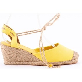 Resim Bilekten Bağcıklı Topuğu Açık Dolgu Topuk Bayan Sarı Keten Hasır Espadril Sarı 