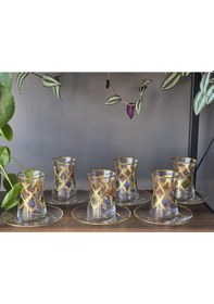 Resim Konyax Telli Bahar Gerçek Altın İşlemeli El İşçiliği Çay Seti 6 Kişilik Renkli 