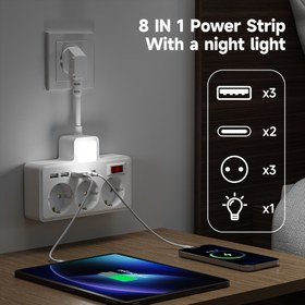 Resim Üç renkte küçük bir gece lambası, gece lambası için ayarlanabilir parlaklık, üç AC prizi, üç USB portu ve iki tip C portu içeren 8'i 1 arada bir AB Priz Bağlantısı. Ev, ofis, seyahat, bilgisayarlar ve yatak odaları için uygundur. 