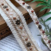 Resim 0.91 Metre Bohem Çiçek Desenli - Taş ve Ahşap Boncuklu Örgü Kurdele - El Yapımı DIY Kıyafet Süsleme, Kol Yaka, Aksesuarlar için Doğal Tonlarda Boho Malzemeler, Dekoratif Giysi Süslemesi, Etnik Stil, Detaylı Boncuk İşçiliği, Doğal Dokulu Kurdele 