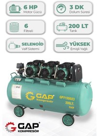 Resim Gap Kompresör Gpy15003-2 Hava Kompresörü Yüksek Emişli Yağsız Teknoloji 200 L 