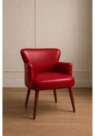 Resim Waterybrook Tekli Berjer Koltuk - Suni Deri - Ceviz Ahşap Ayaklı - Modern Retro Tasarım - Ofis Ve Salon Koltuğu Kırmızı 