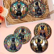 Resim 6 Parça Mısır Kedi Ahşap Bardak Altlığı Seti, 3D Katmanlı Tasarım - Canlı Firavun, Sfenks ve Hiyeroglif Desenleri - Ev veya Yemek Odası İçin Kahve, Çay ve İçecek Dekoru için Mükemmel - Kedi Severler, Ebeveynler ve Arkadaşlar için İdeal Hediye 