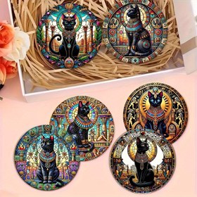 Resim 6 Parça Mısır Kedi Ahşap Bardak Altlığı Seti, 3D Katmanlı Tasarım - Canlı Firavun, Sfenks ve Hiyeroglif Desenleri - Ev veya Yemek Odası İçin Kahve, Çay ve İçecek Dekoru için Mükemmel - Kedi Severler, Ebeveynler ve Arkadaşlar için İdeal Hediye 