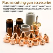 Resim HAI Plazma Kaynak ve Kesim Aksesuarları Elektrotlar 220777, 220842, Nozüller 220816, 220819, 220941, 220990, 220930, Döner Halkalar 220947, 220994, 220851, Koruyucu Kapaklar 220978, 220818, 220931, 220955, 220992, 220993, 220817 ve Sabit Kapaklar 220854, 220953'i içerir. 