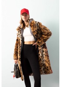 Resim DeFacto Relax Fit Leopar Desenli Ceket Yaka Cepli Uzun Suni Kürk Kaban D4005AX24WNBN561 Kahve 
