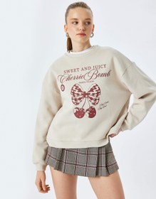 Resim Şardonlu Kiraz Baskılı Uzun Kollu Bisiklet Yaka Oversize Sweatshirt 