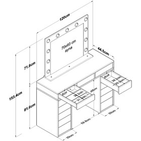 Resim Rani Mobilya Rani Bj119 Hollywood Işıklı Aynalı Kulis Makyaj Masası Takı Düzenleyici Beyaz 