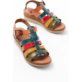 Resim 731-204 Multi Hakiki Deri Dolgu Topuklu Günlük Kadın Sandalet Multi 
