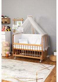 Resim Ahşap Beşik Anne Yanı Beşik Vernikli 60x120 - Beyaz Güpür Uyku Seti + Yatak + Tekerlekli Ahşap 