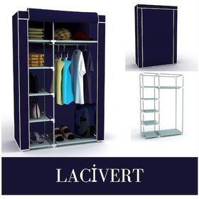 Resim Holtech Tek Yandan Raflı Plastik Bez Dolap Kumaş Gardırop Lacivert 