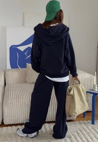 Resim The Champ Clothing Kadın Oversize Eşofman Takımı Lacivert - Kapüşonlu Fermuarlı, Şerit Detaylı, Bağcıklı Bel, Bol paça 
