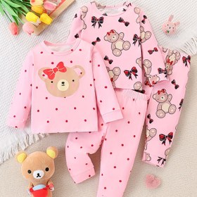 Resim Kızlar için 2 Adet 4 Parça Uzun Kollu Yuvarlak Yaka Tişört ve Pantolon Moda Pijama Takımı - Yumuşak Konfor 