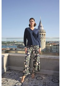 Resim Monamise Kadın Yaprak Desenli Uzun Kollu V Yaka Pijama Takımı 24141 Lacivert 