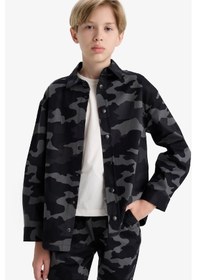 Resim Defacto Erkek Çocuk Oversize Geniş Kalıp Polo Yaka Kamuflaj Desenli Gabardin Uzun Kollu Gömlek F1507a825augr164 Gri 