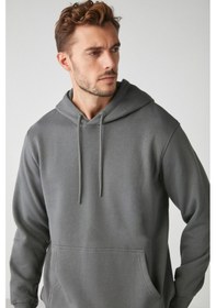 Resim Grimelange Jorge Erkek Yumuşacık Kapüşonlu Organik Pamuk Kanguru Cepli Regular Koyu Gri Sweatshirt 