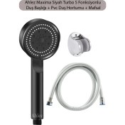 Resim Ahlez Maxima Siyah Turbo Fan 5 Fonksiyonlu Duş Başlığı ve Pvc Duş Hortumu ve Mafsal Duş Takımı 