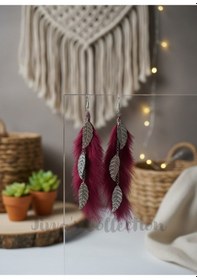 Resim Bohem Bordo Tüy & Yaprak Figürlü Uzun Sallantılı Küpe. Modern Boho Vintage Stil 