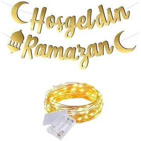 Resim Gold Hoş Geldin Ramazan Banner + Peri Led - Kaligrafi Banner - Ba 