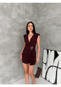 Resim Kadın Kruvaze Drapeli Tokalı Mini Elbise Şık Gece Davet Abiye - Kahverengi 