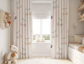 Resim Halı Vagonu HV102 Kiraz Desenli Çocuk Odası Kadife Kumaş Fon Perde - 70x280 / Tek Kanat 