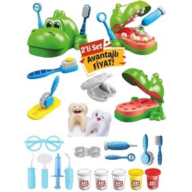 Resim Dino Dişçi Oyun Hamuru Seti Kartela Diş Doktoru Set Toplam 20 Parça 2'li Set YEŞİL 