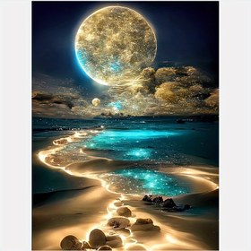Resim Beach Moon Landscape 5D Diamond Painting Kit - Yuvarlak Elmas Kanvas Duvar Sanatı Dekoru, Yetişkinler ve Başlangıçlar için İdeal, Plaj Teması, Akrilik Malzeme, Ay Dekoru 