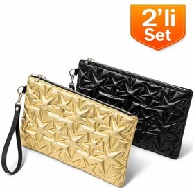 Resim Adelina Bags 2'li Çanta Paketi Yıldız Desenli Portföy El Çantası Bilek Askılı Clutch Çanta Gold 