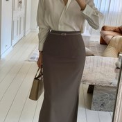 Resim Şık Bej Vücut Sıkıtı Orta Etek Kemerli - Yüksek Bel, Yan Yırtma ve Düğme Detayı Profesyonel Görünüm İçin, Ofis Kıyafeti|Zarif Veda|Poliester Kumaş 