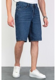 Resim HLT Jeans Erkek Koyu Mavi Baggy Fit Rahat Kesim %100 Pamuk Denim Loose Jeans Kot Şort Arthur-Kymavi 001 