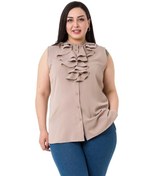 Resim Büyük Beden Yakası İki Kat Volanlı Düğmeli Kolsuz Vizon Gömlek Vizon 