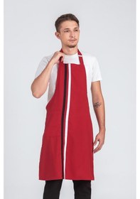 Resim Erkek Boyundan Asmalı Çizgili Barista Şef Mutfak Önlüğü Kırmızı 