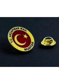 Resim Kişiye Özel Muhtar Rozeti 925 Ayar Gümüş Altın - Kırmızı 