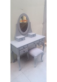 Resim Dresuar Makyaj Masa 7 Çekmece Kayın Aslan Ayak Parlak Lake Gri Hareketli Ayna Kutu Sevk El Yapım Gri 