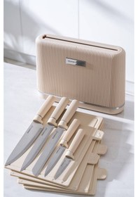 Resim Acar Cooper 10 Parça Standlı Kesme Tahtası Ve Bıçak Seti Krem 