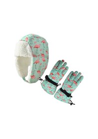 Resim Petityu Su Geçirmez Kız Çocuk Bere Eldiven Set Mint Pembe Flamingo Desenli Kayak Snowboard 4-8 Yaş Mint 