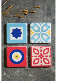 Resim Türkiye Tasarımı 4'lü Traverten Bardak Altlığı Çok Renkli 