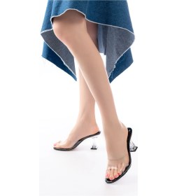 Resim S-619 Siyah Rugan Şeffaf Bantlı Şeffaf Topuklu Yuvarlak Burunlu Kadın Terlik Renksiz 