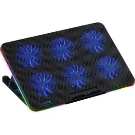 Resim Geeroyoo Coolcold F5 Rgb Laptop Soğutucu Standı - 6 Fanlı, 7 Seviye Yükseklik Ayarı, Rgb Işık Efekti, Telefon Tutucu, 15.6 İnç Ve Altı Notebooklar İçin 