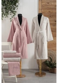 Resim Pierre Cardin 6 Parça Jakarlı Aile Bornoz Seti-wave Soft G.kurusu Gül Kurusu - Krem 