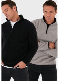 Resim Buratti Slim Fit Yarım Fermuarlı Dik Yaka 2'Li Paket Erkek Polar 5906003S2 Gri-Siyah 