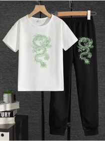 Resim LePold Üst Beyaz Tişört Alt Siyah Dragon Baskılı Kız/erkek Oversize Tişört& Eşofman Takım 