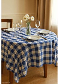 Resim Fiber Kareli Masa Örtüsü Sofra Bezi Ekose Desen 160x160 Cm Mavi Renkli 