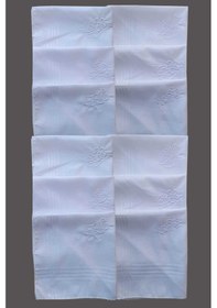 Resim Çiçek İşlemeli Bayan Mendili 12 Adet 28x28 Cm 100 Pamuk Beyaz 