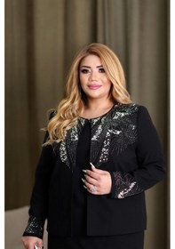 Resim Lady Sharm Krep Kumaş Üzeri Kristal Taş Detaylı Büyük Beden Elbise Siyah 