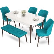 Resim Canisa Concept Aya Serisi 80 x 132 cm Beyaz Masa Ceviz Ayak Mutfak Masa Takımı 4 Sandalye 1 Bench 