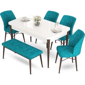 Resim Canisa Concept Aya Serisi 80 x 132 cm Beyaz Masa Ceviz Ayak Mutfak Masa Takımı 4 Sandalye 1 Bench 